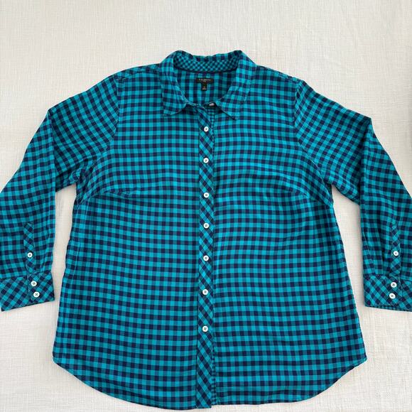 TALBOTS PLUS Button-Front Gingham Holiday Shirt – 100% Cotton – Blue – 1X - Picture 14 of 14